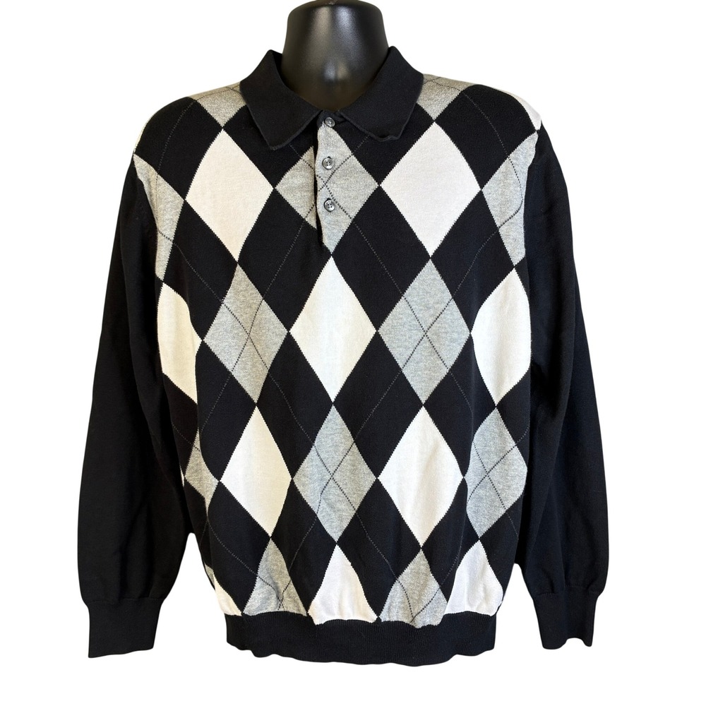 Perry Ellis Men's Large Argyle Polo Sweater Black White Grey Cotton Knit Golf
